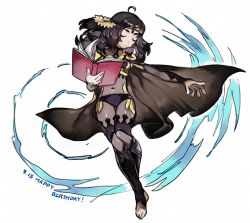 Rule 34 | 1girl, ahoge, alternate hair color, black hair, black panties, bodystocking, book, breast cutout, breasts, bridal gauntlets, cape, circlet, closed eyes, closed mouth, covered navel, fire emblem, fire emblem fates, holding, holding book, long hair, looking at viewer, mari mokomo, medium breasts, nintendo, ophelia (fire emblem), outstretched arm, panties, solo, thighs, underwear