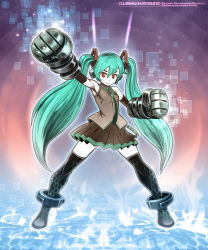 Rule 34 | 1girl, anklet, aqua hair, armpits, black thighhighs, detached sleeves, gauntlets, gloves, hatsune miku, headphones, highres, jewelry, legs, long hair, masn (moxi), necktie, red eyes, skirt, smile, solo, thighhighs, twintails, very long hair, vocaloid, zettai ryouiki