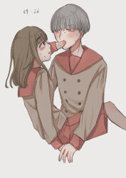 Rule 34 | 1boy, 1girl, arukumikan, blush, bowl cut, brown hair, buttons, collared shirt, commentary request, eye contact, grey hair, hair ears, hair over eyes, hand on another&#039;s hand, hand on another&#039;s mouth, highres, invisible chair, long sleeves, looking at another, mimihime (tengoku daimakyou), open mouth, red shorts, shiro (tengoku daimakyou), shirt, shorts, sidelocks, simple background, sitting, sleeve cuffs, sweatdrop, takahara academy uniform, tan background, tengoku daimakyou