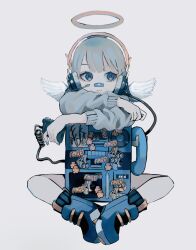 Rule 34 | 1other, 404, androgynous, angel, bandaid, bandaid on face, bandaid on nose, blue eyes, blue nails, blue theme, cable, cassette player, closed mouth, coiled cord, commentary, english text, feathered wings, full body, halo, head rest, headphones, headset, highres, holding, http status code, leaning on object, long sleeves, medium hair, microphone, microwave, mini wings, original, phone, profanity, shoes, simple background, sitting, solo, sticker, urokogaran, white background, white wings, wings