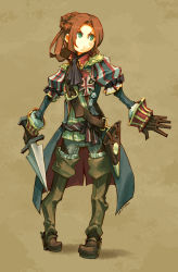 Rule 34 | 1girl, asterisk kome, belt, blue eyes, boots, bow, braid, brown hair, burn scar, coat, gloves, holding, holding weapon, long hair, looking to the side, original, pants, pigeon-toed, puffy short sleeves, puffy sleeves, sheath, short hair, short sleeves, solo, standing, sword, thigh boots, thighhighs, uniform, weapon, yellow background
