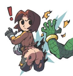 Rule 34 | !, 1boy, 1girl, arm cannon, ass, ass focus, bangle, belt, black eyes, bracelet, brown hair, claws, closed mouth, colored skin, commentary, contrapposto, crocodilian, cropped legs, donkey kong (series), donkey kong country, english commentary, expressionless, eyes visible through hair, furry, furry male, furry with non-furry, gloves, green skin, gummuru, hand up, highres, interspecies, jewelry, king k. rool, long sleeves, looking at another, looking back, mii (nintendo), mii gunner, neon trim, nintendo, orange sweater, out of frame, parted bangs, ripping, short hair, standing, super smash bros., sweater, tearing clothes, torn belt, torn clothes, torn legwear, torn sweater, weapon