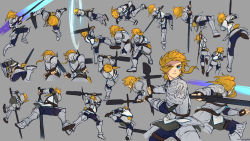 Rule 34 | 1boy, action, armor, armored boots, arms up, attack, black gloves, black pants, blonde hair, blue eyes, boots, elf, facing away, fingerless gloves, floating hair, futabaaf, gauntlets, gloves, grey background, hair over one eye, holding, holding sword, holding weapon, jumping, legs apart, link, long hair, looking afar, looking at viewer, motion blur, motion lines, multiple views, nintendo, pants, pauldrons, pointy ears, ponytail, shoe soles, shoulder armor, sidelocks, simple background, slashing, spinning, squatting, sword, the legend of zelda, two-handed sword, weapon