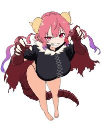 Rule 34 | 1girl, animal hands, bare legs, barefoot, blush, breasts, cape, claw pose, curled horns, dot nose, dragon tail, full body, gradient hair, grin, hands up, highres, horns, huge breasts, ilulu (maidragon), kobayashi-san chi no maidragon, long hair, looking at viewer, multicolored hair, osame, pink hair, purple hair, red cape, red eyes, shortstack, simple background, smile, solo, tail, twintails, two-sided cape, two-sided fabric, white background