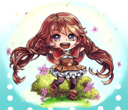 Rule 34 | 1girl, anoushka russell, black pantyhose, boots, brown footwear, brown hair, brown skirt, bush, capelet, chibi, commentary, commission, dress, english commentary, flower, grass, long hair, open hands, original, pantyhose, purple eyes, purple flower, red capelet, skirt, smile, solo, very long hair, white dress