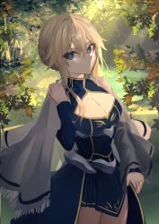 Rule 34 | 1girl, ahoge, armor, artoria pendragon (fate), artoria pendragon (lancer) (fate), blonde hair, blue eyes, braid, breasts, cleavage, cloak, closed mouth, dress, fate/grand order, fate (series), forest, french braid, hair between eyes, highres, kaze minoru so-ru, large breasts, leaf, long sleeves, looking at viewer, medium hair, nature, sidelocks, solo, sunlight, tree