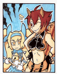 Rule 34 | 2girls, animal ears, antenna hair, bare shoulders, bell, neck bell, blazblue, blonde hair, bow, breast envy, breasts, brown eyes, brown hair, collar, fingerless gloves, furry, gloves, hair bow, heart, heart-shaped pupils, large breasts, long hair, makoto nanaya, multiple girls, navel, one eye closed, orange skirt, platinum the trinity, setz, short hair, skirt, small breasts, squirrel ears, squirrel tail, symbol-shaped pupils, tail, twintails, underboob, wavy mouth, yellow eyes