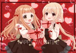 Rule 34 | 2girls, :d, ahoge, bare shoulders, black dress, blonde hair, bow, box, braid, brown eyes, brown hair, clothing cutout, commentary request, dated, dress, futaba anzu, gift, gift box, hair bow, happy valentine, heart-shaped box, highres, holding, holding gift, ichihara nina, idolmaster, idolmaster cinderella girls, idolmaster cinderella girls starlight stage, long hair, low twintails, multiple girls, open mouth, polka dot, polka dot background, red background, red bow, rino cnc, shoulder cutout, sleeveless, sleeveless dress, sleeves past wrists, smile, sweater, turtleneck, turtleneck sweater, twintails, v-shaped eyebrows, valentine, very long hair, white sweater