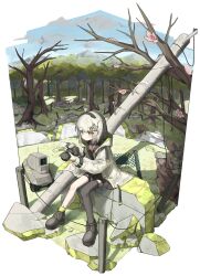 Rule 34 | 1girl, absurdres, ahoge, arknights, bare tree, black footwear, black skirt, black thighhighs, blue sky, blush, camera, forest, hair ornament, highres, holding, holding camera, hood, hood down, hooded jacket, jacket, lens (arknights), long sleeves, material growth, nature, necktie, one side up, open clothes, open jacket, oripathy lesion (arknights), outdoors, pleated skirt, polyvora, red necktie, robot, rubble, scene (arknights), shoes, short hair, single thighhigh, sitting, skirt, sky, solo, star (symbol), star hair ornament, thighhighs, tree, vest, white jacket, yellow eyes