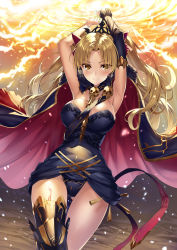 Rule 34 | 1girl, armpits, arms up, asymmetrical legwear, black thighhighs, blonde hair, cape, commentary request, earrings, ereshkigal (fate), fate/grand order, fate (series), gluteal fold, heirou, highres, jewelry, long hair, looking at viewer, red cape, single thighhigh, skull, smile, solo, thighhighs, tiara, tohsaka rin, uneven legwear, yellow eyes