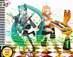 Rule 34 | blonde hair, blue hair, boots, bow, colorful, detached sleeves, guitar, hair bow, hatsune miku, headset, instrument, kagamine rin, keyboard, keyboard (instrument), long hair, m-hit, microphone, microphone stand, synthesizer, thigh boots, thighhighs, twintails, very long hair, vocaloid