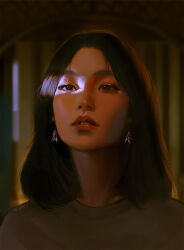 Rule 34 | 1girl, black eyes, black hair, blurry, blurry background, chinese commentary, commentary request, earrings, girl from nowhere, grey shirt, highres, jewelry, lips, looking afar, medium hair, nanno (girl from nowhere), parted bangs, parted lips, peter xiao, photo-referenced, portrait, realistic, shirt, signature, solo, teeth