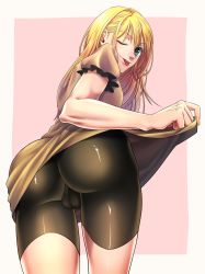 Rule 34 | 10s, 1boy, ;p, absurdres, artist request, ass, bike shorts, blonde hair, bulge, clothes lift, crossdressing, dress, dress lift, from behind, green eyes, highres, long hair, looking back, male focus, midare toushirou, one eye closed, shiny clothes, shiny skin, solo, tongue, tongue out, touken ranbu, trap, wink