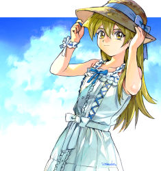 Rule 34 | 1girl, 203wolves, aged down, blonde hair, blue bow, blue ribbon, bow, closed mouth, collarbone, dress, hair between eyes, hat, hat bow, hat ribbon, long hair, ribbon, signature, sleeveless, sleeveless dress, smile, solo, straight hair, straw hat, sun hat, sundress, tenjouin asuka, white dress, yellow eyes, yu-gi-oh!, yu-gi-oh! gx