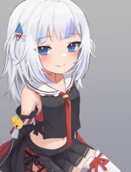Rule 34 | 1girl, absurdres, bell, black skirt, blue eyes, blue hair, blush, cosplay, detached sleeves, gawr gura, hair ornament, highres, hololive, hololive english, jingle bell, klaius, long hair, long sleeves, looking at viewer, midriff, multicolored hair, ookami mio, ookami mio (1st costume), ookami mio (cosplay), pleated skirt, silver hair, simple background, sitting, skirt, sleeveless, smile, solo, streaked hair, thighhighs, virtual youtuber, white thighhighs, zettai ryouiki