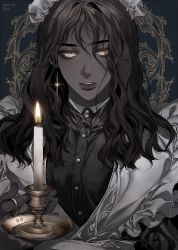 Rule 34 | 1girl, artist name, black hair, black skin, buttons, candle, candlestand, colored skin, dated, earrings, ena (enaa97), fire, frills, headdress, highres, holding, holding candle, jewelry, long hair, looking at viewer, maid, maid headdress, original, parted lips, patterned background, slit pupils, solo, upper body, victorian, victorian maid, yellow eyes