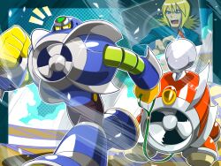 Rule 34 | 2boys, airman.exe, arashi kazefushi (mega man), blonde hair, blue shirt, clenched hand, closed eyes, collared shirt, commentary request, fanner (mega man), formal, green eyes, green jacket, holding, holding leash, jacket, leash, long hair, long sleeves, looking at another, male focus, mega man (series), mega man battle network (series), mega man battle network 2, multiple boys, napo, necktie, notice lines, open mouth, pet walking, red necktie, running, shirt, spiked hair, suit, teeth, upper teeth only, wind