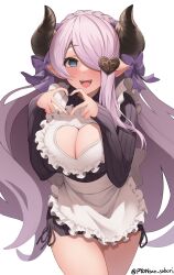 Rule 34 | 1girl, absurdres, apron, blue eyes, braid, breasts, cleavage, cowboy shot, crown braid, draph, dress, frilled dress, frills, granblue fantasy, hair over one eye, heart, heart hands, highres, horns, large breasts, leaning forward, long hair, looking at viewer, maid, narmaya (granblue fantasy), open mouth, pink hair, pointy ears, pyonsan, simple background, smile, solo, sweater, sweater dress, twitter username, very long hair, waist apron, white background