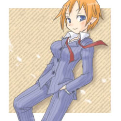 Rule 34 | blue eyes, breasts, business suit, disgaea, hand in pocket, large breasts, lowres, magic knight (disgaea), necktie, orange hair, tagme