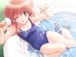 Rule 34 | 1girl, alice no yakata 7, brown hair, competition swimsuit, food, game cg, green eyes, ice cream, one-piece swimsuit, school swimsuit, sexually suggestive, solo, suggestive fluid, swimsuit, thigh gap, wading pool, water