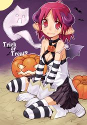 Rule 34 | 1girl, arm warmers, bare shoulders, bat (animal), black &amp; white, breasts, choker, cleavage, demon girl, fang, ghost, gloves, halloween, heisa, horns, jack-o&#039;-lantern, moon, night, original, patterned legwear, pumpkin, red eyes, red hair, sitting, solo, striped clothes, striped thighhighs, thighhighs, trick or treat, two-tone stripes, wariza, wings