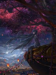 Rule 34 | 1girl, architecture, bare shoulders, black footwear, black shirt, black skirt, black thighhighs, blue hair, cherry blossoms, cityscape, closed mouth, detached sleeves, east asian architecture, closed eyes, floating hair, full body, full moon, hair ornament, hatsune miku, highres, in tree, lampion, lantern, long hair, long sleeves, moon, night, scenery, shirt, shoes, sitting, sitting in tree, skirt, sleeveless, sleeveless shirt, solo, thighhighs, tianya beiming, tree, twintails, very long hair, vocaloid, wide shot