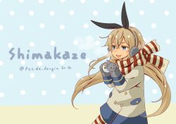 Rule 34 | 1girl, absurdres, adapted costume, black hairband, blonde hair, character name, coat, earmuffs, grey coat, grey eyes, grey mittens, hairband, highres, kantai collection, long hair, mittens, pot-de, scarf, shimakaze (kancolle), snowball, solo, striped clothes, striped scarf, striped thighhighs, thighhighs, winter gloves