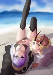 Rule 34 | 2girls, absurdres, animal hood, armor, bare shoulders, beach, bikini, black bikini, black jacket, blonde hair, blue bow, blue eyes, blue sky, bow, breasts, closed mouth, day, facial mark, fate/grand order, fate (series), fingernails, floral print, flower, forehead mark, greaves, hair between eyes, hair pulled back, hairband, hibiscus, highres, hood, horns, ibaraki douji (fate), ibaraki douji (fate/grand order), ibaraki douji (swimsuit lancer) (fate), ibaraki douji (swimsuit lancer) (second ascension) (fate), jacket, japanese clothes, kimono, legs, legs up, licking lips, long hair, long sleeves, looking at viewer, lying, meltryllis, meltryllis (fate), meltryllis (swimsuit lancer) (fate), meltryllis (swimsuit lancer) (first ascension) (fate), multiple girls, ocean, on back, one-piece swimsuit, oni, oni horns, penguin hood, pink kimono, purple hair, sharp fingernails, shiori (pixiv11239358), shoulder tattoo, sidelocks, sky, sleeves past fingers, sleeves past wrists, slit pupils, small breasts, smile, swimsuit, tattoo, thighs, tongue, tongue out, very long hair, white one-piece swimsuit, wide sleeves, yellow eyes