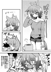 Rule 34 | 1boy, 1girl, agnes tachyon (umamusume), ahoge, angry, animal ears, chemical structure, coffee, coffee mug, commentary, cup, drinking, earrings, eye contact, glasses, highres, holding, holding cup, horse ears, horse girl, horse tail, jewelry, long sleeves, looking at another, manhattan cafe (umamusume), medium hair, mug, off-shoulder shirt, off shoulder, shirt, short hair, shorts, single earring, spit take, spitting, swinging arms, tail, tearing up, tobiuo (62masa62), trainer (umamusume), translated, umamusume