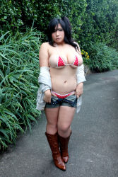 Rule 34 | 1girl, asian, bikini, black hair, boots, breasts, chouzuki maryou, cowboy boots, highres, hip focus, hood, hooded jacket, jacket, large breasts, photo (medium), plump, shorts, side ponytail, solo, swimsuit, thick thighs, thighs, undressing, wide hips