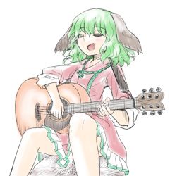 Rule 34 | 1girl, :d, animal ears, closed eyes, commentary request, dress, feet out of frame, frilled dress, frills, green hair, guitar, hair between eyes, holding, holding umbrella, instrument, kasodani kyouko, long hair, long sleeves, music, naegi (naegidokoro), open mouth, pink dress, playing instrument, simple background, sitting, smile, solo, touhou, umbrella, white background