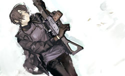 Rule 34 | 1girl, androgynous, assault rifle, brown hair, commentary, gloves, gun, highres, holding, holding gun, holding weapon, lying, on back, original, rifle, scope, seallllion, shell casing, short hair, sig sg550, sig sauer, sig sg550, snow, solo, weapon