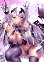 Rule 34 | 1girl, bare shoulders, black gloves, black panties, black thighhighs, blue eyes, blush, breasts, cleavage, collar, collarbone, commentary request, commission, covered erect nipples, cowboy shot, dark-skinned female, dark skin, detached sleeves, diamond ill (houseki hime), eyelashes, finger to mouth, floating hair, frilled thighhighs, frills, gloves, gluteal fold, grey hair, groin, hair between eyes, hand to own mouth, hand up, headpiece, houseki hime, large breasts, leaning forward, lips, long hair, looking at viewer, lower teeth only, open mouth, panties, purple background, seductive smile, shiny skin, simple background, skeb commission, skindentation, smile, solo, standing, straight hair, teeth, thighhighs, thighs, tsurime, underwear, v-shaped eyebrows, very long hair, white collar, wide sleeves, zen (kamuro)
