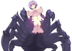 Rule 34 | 1girl, anus, arachne, arthropod girl, breasts, commentary, completely nude, english commentary, extra ears, from below, hair between eyes, insect girl, large breasts, light purple hair, looking at viewer, looking down, monster girl, monster musume no iru nichijou, navel, nipples, no pupils, nude, pussy, rachnera arachnera, red eyes, rtil, short hair, simple background, smile, solo, spider girl, taur, uncensored, white background