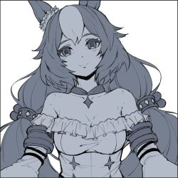 Rule 34 | 1girl, animal ears, bare shoulders, blush, border, breasts, cleavage, closed mouth, dress, greyscale, hair tubes, highres, horse ears, long hair, long sleeves, looking at viewer, low twintails, monochrome, off-shoulder dress, off shoulder, pendant choker, shiro3necro, small breasts, smile, solo, twintails, umamusume, upper body, yamanin zephyr (umamusume)
