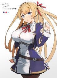 Rule 34 | 1girl, azur lane, bad id, bad pixiv id, belt, blonde hair, blue eyes, blush, breasts, brown legwear, character request, copyright request, cowboy shot, gradient background, hair ribbon, highres, large breasts, long hair, long sleeves, looking at viewer, neck ribbon, one side up, open mouth, red ribbon, ribbon, solo, suminagashi