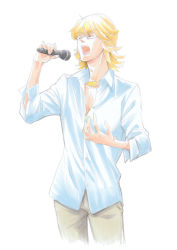 Rule 34 | 10s, 1boy, aka hisagi, bad id, bad pixiv id, barnaby brooks jr., blonde hair, colored pencil (medium), closed eyes, jewelry, male focus, microphone, music, necklace, singing, solo, tiger &amp; bunny, traditional media, white background