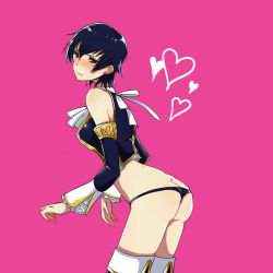 Rule 34 | 1girl, alternate costume, armor, ascot, ass, bent over, blue eyes, blue hair, blush, boots, breasts, butt crack, elbow gloves, embarrassed, gloves, heart, high-cut armor (persona), highres, iketsuko, large breasts, matching hair/eyes, megami tensei, persona, persona 4, persona 4 the golden, shin megami tensei, shirogane naoto, short hair, solo, thigh boots, thighhighs, thong, underwear