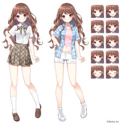 Rule 34 | 1girl, :d, :o, ^ ^, blue jacket, blush, breasts, brown footwear, brown hair, brown skirt, closed eyes, closed mouth, collared shirt, copyright notice, crop top, denim, denim shorts, dress shirt, expressions, jacket, loafers, long hair, mauve, midriff, multiple views, navel, official art, open clothes, open jacket, open mouth, original, parted lips, pink shirt, plaid, plaid jacket, plaid skirt, pleated skirt, red eyes, school uniform, shirt, shoes, short shorts, short sleeves, shorts, simple background, skirt, small breasts, smile, socks, standing, torn clothes, torn shorts, v-shaped eyebrows, very long hair, watermark, white background, white footwear, white legwear, white shirt, white shorts