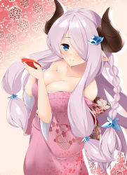 Rule 34 | 10s, 1girl, alcohol, alternate costume, aria (okuda08808008), bare shoulders, blue eyes, blush, braid, breasts, butterfly hair ornament, cherry blossoms, closed mouth, collarbone, cowboy shot, cup, demon horns, draph, female focus, floral background, floral print, granblue fantasy, hair ornament, hair over one eye, highres, holding, horns, japanese clothes, kimono, large breasts, light purple hair, long hair, looking at viewer, narmaya (granblue fantasy), obi, off shoulder, pointy ears, print kimono, purple hair, sakazuki, sake, sash, single braid, smile, solo, very long hair