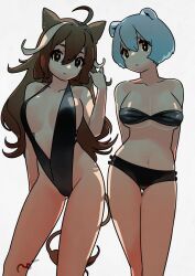 Rule 34 | 2girls, ahoge, animal ears, arms behind back, bare shoulders, bikini, black eyes, black one-piece swimsuit, breasts, breasts apart, brown hair, cleavage, closed mouth, feet out of frame, grey hair, groin, hair between eyes, hand up, large breasts, lion tail, long hair, looking at viewer, multicolored hair, multiple girls, navel, one-piece swimsuit, original, rongai rongai, short hair, signature, slingshot swimsuit, strapless, strapless bikini, streaked hair, swimsuit, tail, watermark