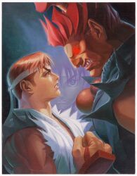 Rule 34 | 1girl, 2boys, absurdres, akuma (street fighter), archived source, bare shoulders, bead necklace, beads, blue eyes, brown hair, clenched hand, clenched teeth, dark-skinned male, dark skin, dougi, from side, glowing, glowing eyes, headband, highres, jewelry, karate gi, kasugano sakura, looking at another, looking at viewer, multiple boys, necklace, official art, parted lips, pink lips, red eyes, red hair, ryu (street fighter), shirt, spiked hair, street fighter, street fighter zero (series), teeth, torn clothes, torn shirt, upper body, white headband