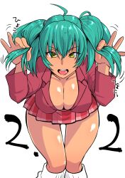 Rule 34 | 1girl, bare legs, breast press, breasts, dark-skinned female, dark skin, feet out of frame, female focus, green eyes, green hair, haiboku, hand in own hair, ikkitousen, jacket, large breasts, long hair, looking at viewer, miniskirt, motion lines, naughty face, no bra, open mouth, ryofu housen, shiny skin, simple background, skirt, socks, solo, standing, suit jacket, translation request, twintails, white background, wide hips