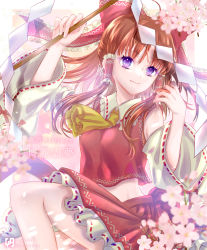Rule 34 | 1girl, artist request, ascot, bad id, bad pixiv id, bow, brown hair, cherry blossoms, detached sleeves, flower, gohei, hair bow, hair tubes, hakurei reimu, hand up, highres, holding, holding stick, long hair, looking at viewer, petals, purple eyes, red skirt, shirt, skirt, skirt set, smile, solo, stick, touhou, wide sleeves
