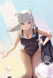 Rule 34 | 1girl, animal ear fluff, animal ears, bag, bare arms, bare legs, blue archive, blue eyes, blush, breasts, bubble, chela77, cleavage, commentary, competition swimsuit, cowboy shot, cross hair ornament, duffel bag, earrings, extra ears, grey hair, grin, groin, hair ornament, halo, highleg, highleg swimsuit, highres, jewelry, large breasts, leaning forward, long hair, looking at viewer, multicolored background, multicolored clothes, multicolored swimsuit, official alternate costume, one-piece swimsuit, shiroko (blue archive), shiroko (swimsuit) (blue archive), shoulder bag, sidelocks, smile, solo, standing, swimsuit, twintails, two-tone swimsuit, wolf ears