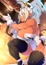 Rule 34 | 1girl, 23 (real xxiii), :p, black ribbon, black thighhighs, breasts, colored eyelashes, covered erect nipples, dark-skinned female, dark skin, detached collar, earrings, explosion, eyebrows, finger on trigger, fire, frilled gloves, frills, from side, gloves, gun, hair between eyes, headgear, highres, holding, holding gun, holding weapon, jewelry, large breasts, legs, leotard, on one knee, orange eyes, original, phantasy star, phantasy star online 2, playboy bunny, ponytail, profile, rabbit tail, ribbon, shoes, short hair, side-tie leotard, silver-haired girl (23), solo, strapless, strapless leotard, tail, thighhighs, thighs, tongue, tongue out, weapon, white footwear, white gloves, white hair, wrist cuffs