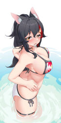 Rule 34 | 1girl, absurdres, animal ear fluff, animal ears, ass, bikini, black hair, blush, breasts, choker, cleavage, hair ornament, highres, hololive, hololive gamers, in water, large breasts, leaf print, long hair, looking at viewer, multicolored hair, no shirt, ookami mio, ookami mio (hololive summer 2019), ponytail, print bikini, red hair, side-tie bikini bottom, sideboob, solo, swimsuit, thigh strap, virtual youtuber, wolf ears, wolf girl, xiaodong327399, yellow eyes