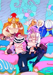Rule 34 | 1girl, 3boys, :d, abs, animal, animal on lap, arm hair, bare pectorals, beard, black gloves, blonde hair, blush, bracelet, buzz cut, candy, cape, cat, charlotte brulee, charlotte daifuku, charlotte katakuri, charlotte oven, chest tattoo, closed eyes, coat, covered mouth, cup, dog, doughnut, earrings, eating, facial hair, food, forked eyebrows, fur collar, gloves, highres, holding, holding animal, holding cup, holding food, hot, impossible hair, jewelry, lipstick, long hair, long nose, looking to the side, makeup, mature male, mewiyev, multiple boys, muscular, muscular male, nipples, on lap, one piece, open clothes, open mouth, open vest, orange hair, pants, pectorals, pencil as mustache, pink eyes, pink hair, pink pants, purple hair, scar, scar on face, scarf, short hair, shoulder pads, siblings, sitting, smile, spiked bracelet, spikes, stitches, tattoo, thick eyebrows, tree, upper body, very short hair, vest