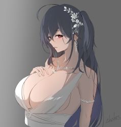 Rule 34 | 1girl, ahoge, artist name, azur lane, black hair, blush, breasts, cleavage, commentary, dress, earrings, flower, grey background, hair flower, hair ornament, hand on own chest, huge breasts, jewelry, long hair, necklace, official alternate costume, open mouth, red eyes, solo, taihou (azur lane), taihou (temptation on the sea breeze) (azur lane), upper body, wedding dress, white dress, zhzhrs