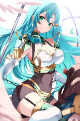 Rule 34 | 1girl, absurdres, aqua hair, breasts, chloe (fire emblem), cleavage, closed mouth, covered navel, fire emblem, fire emblem engage, garter straps, green eyes, hair between eyes, highres, holding, holding polearm, holding weapon, large breasts, long hair, nintendo, polearm, riding, risumi (taka-fallcherryblossom), single bare shoulder, solo, thighhighs, very long hair, weapon